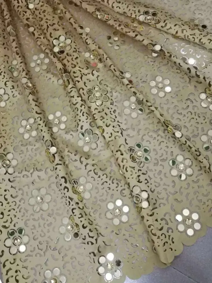 

Nice embroidery French cut laser lace African mesh tulle lace fabric with big stonesand sequins high quality 5 yards ppm101