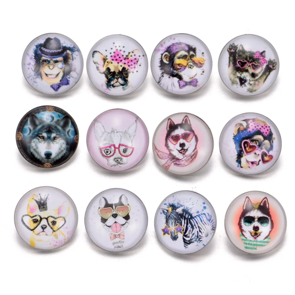 12pcs/lot Multi Theme I Love Dog Pattern 18mm Snap Button Jewelry Glass Charms Fit DIY Bracelet Snaps Jewelry KZ0501 - Окраска металла: KZ0225