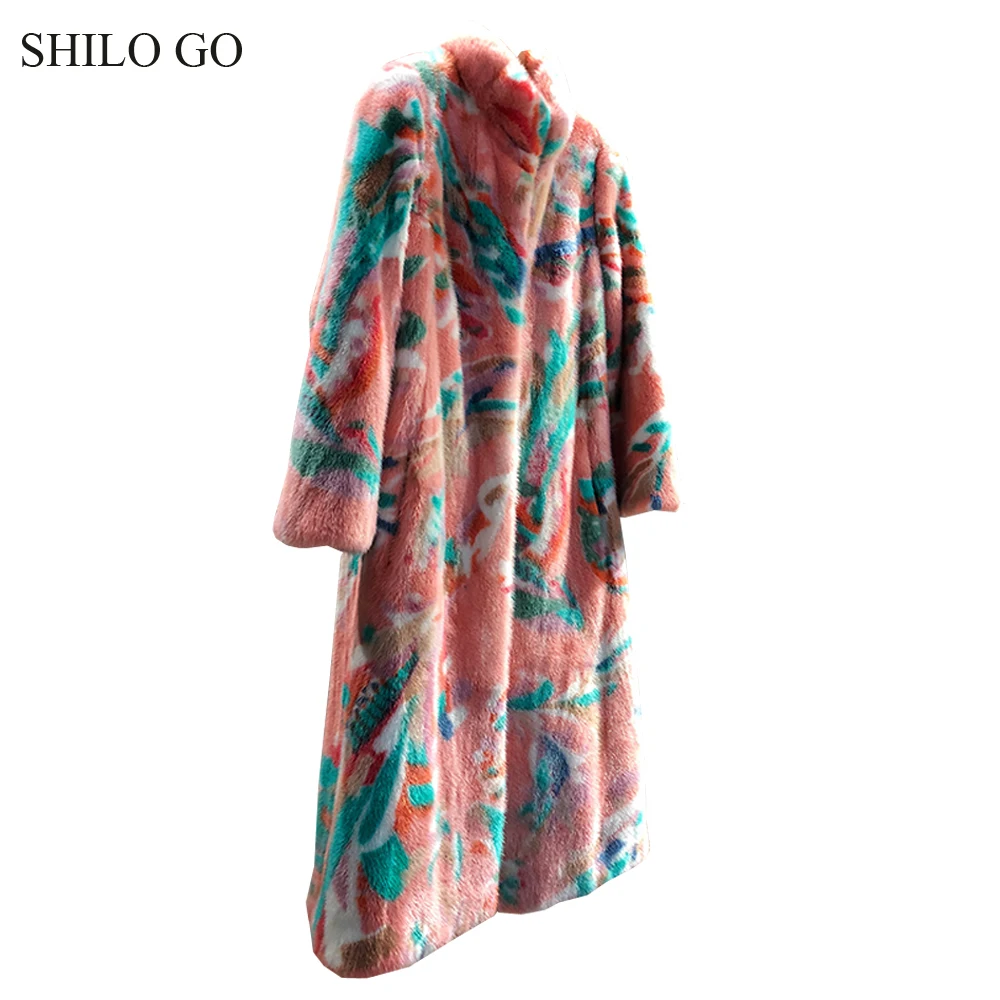 Шуба SHILO GO, женская зимняя мода, цельное натуральное Норковое длинное пальто, воротник-стойка, богемный цветочный принт, длинный рукав, Свободное пальто
