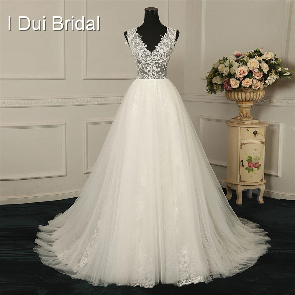 Кружевное свадебное платье с V образным вырезом линейка аппликацией из бисера|lace