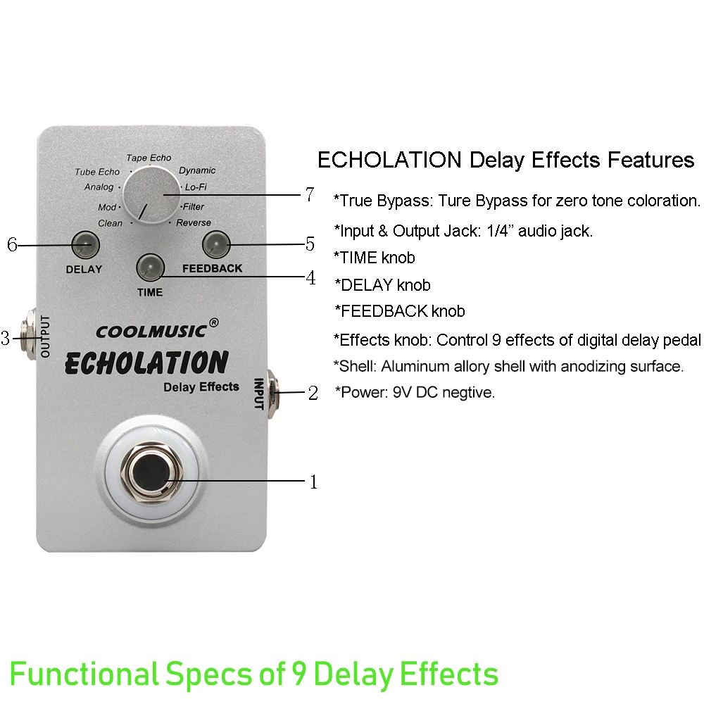 Coolmusic Digital Echolation Delay гитарная педаль с 9 эффектами