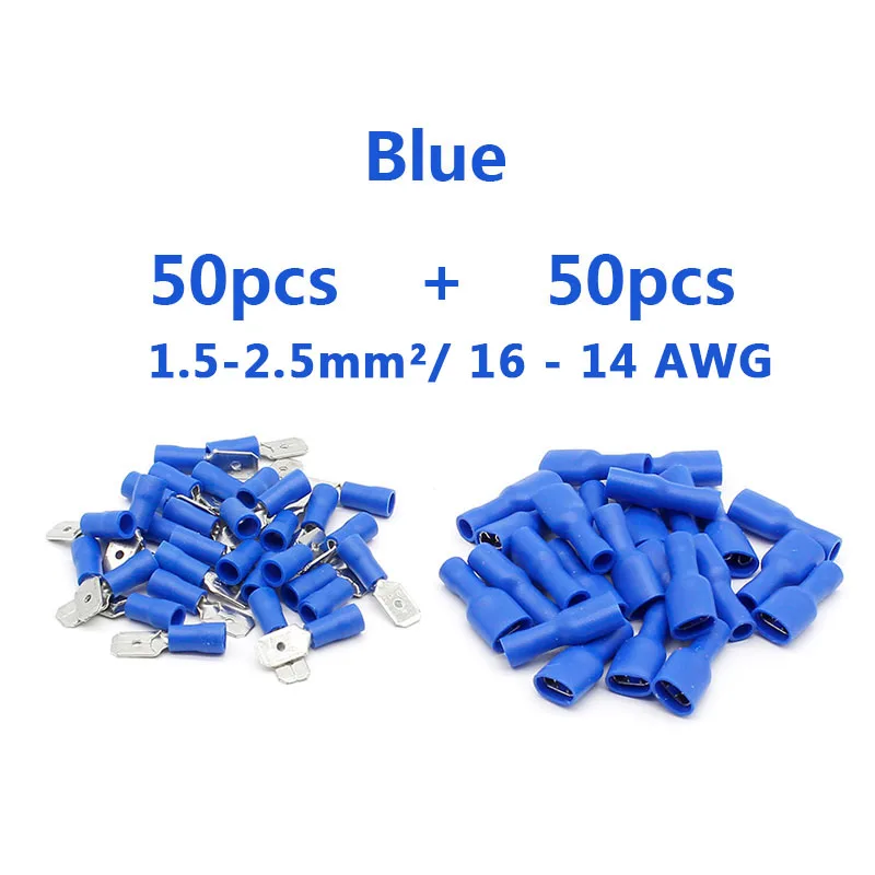 100pcs 50sets blue 6.3mm 22-16 16-14 12-10AWG Female Male Electrical Wiring Connector Insulated Crimp Terminal Spade FDFD MDD1.25-250 2.5-250 5-250 - Цвет: 100pcs 50sets blue