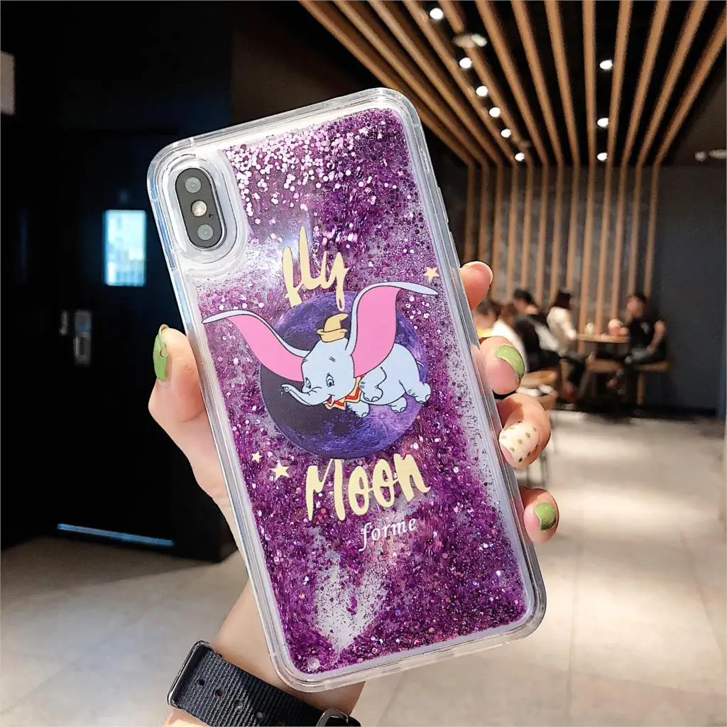 Liquid Quicksand Fly Moon Elephant Phone Case for iphone 6 6S 7 8 Plus X XR XS Max Cover Love Heart Glitter Bling Sequins Capa |