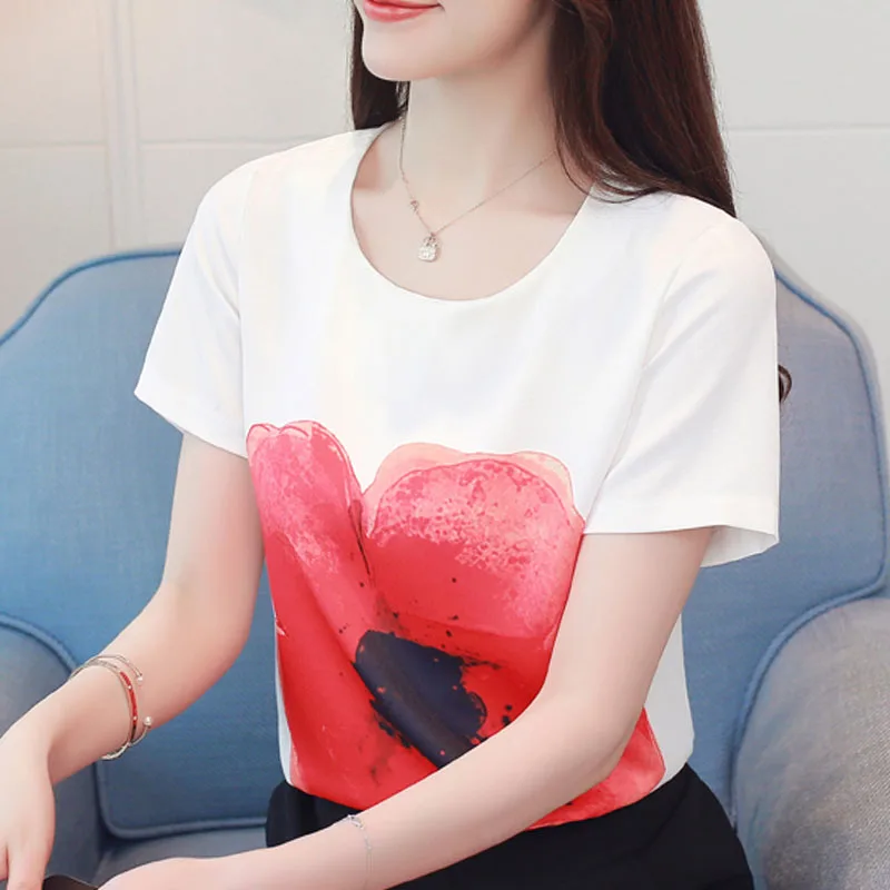 Fashion Women Shirts 2022 Ladies Tops White Shirt Chiffon Short Sleeve Floral O-neck Top For 4128 50 | Женская одежда