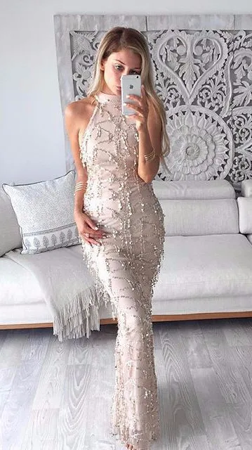 Hot Style Sexy Halter Celebrity Nightclub Beading Tassel Elegant Bodycon Women Evening Party Long Dress | Женская одежда