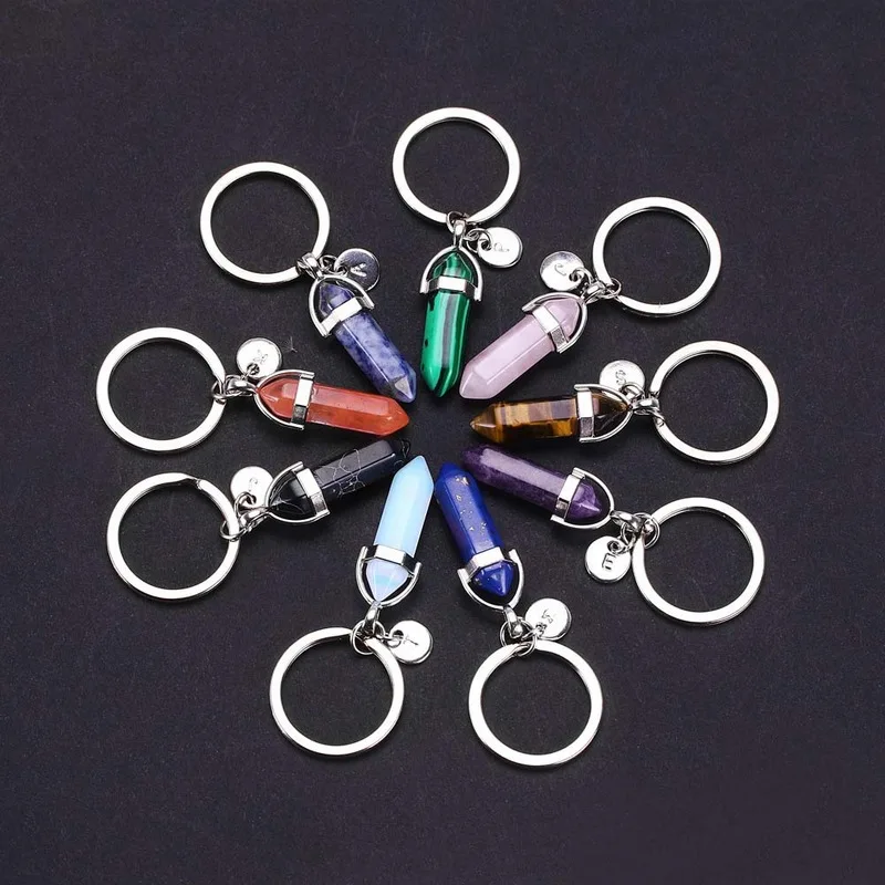 

Fashion Natural Stone Pendant Keychain Natural Quartz Stone 26 letter Pink Crystal good luck Key Chains Accessories Jewelry Gift
