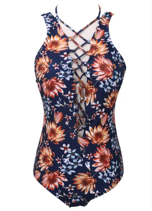 Сексуальный женский цветочный Цельный купальник с открытой спиной на шнуровке