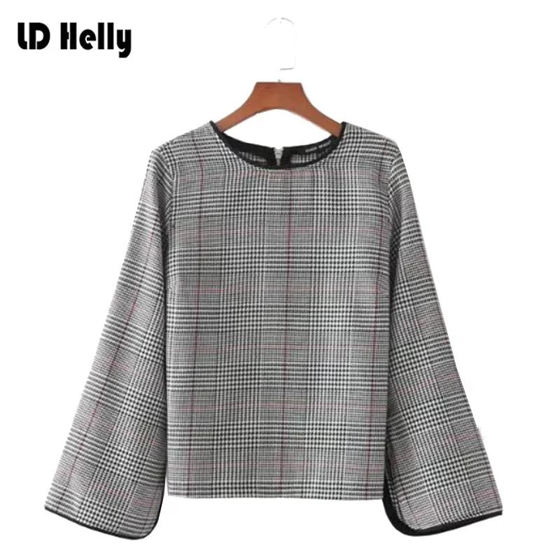 LD Helly Мода 2017 Для женщин элегантные рубашки в клетку с круглым вырезом Блузка