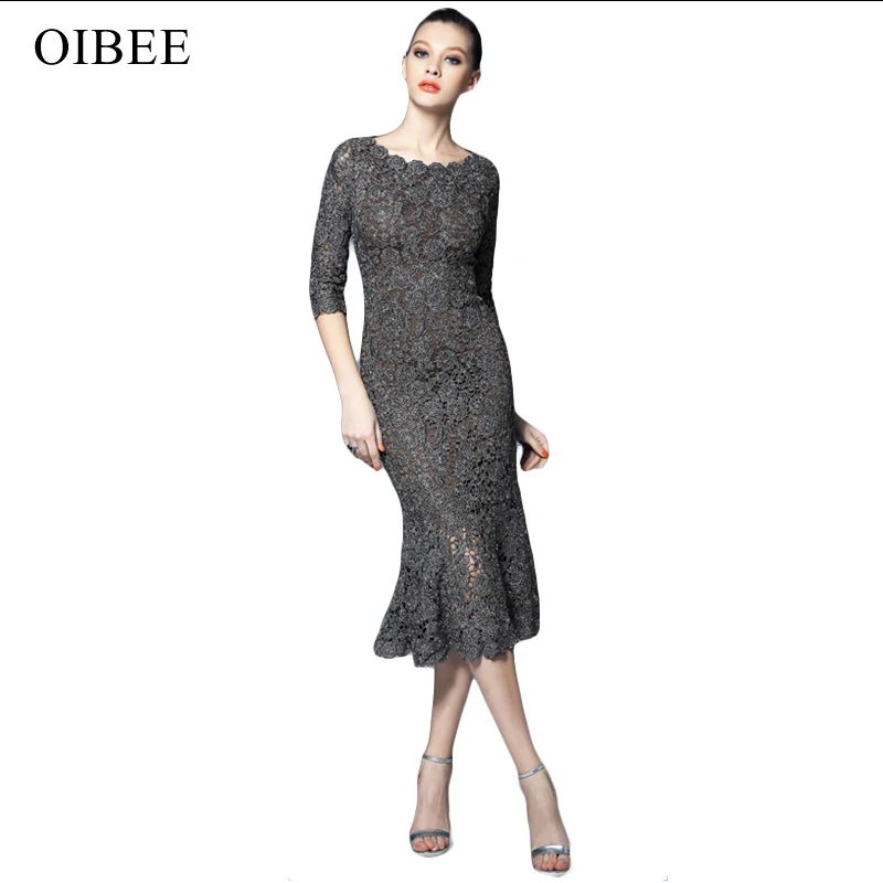 OIBEE, высокое качество, модное, кружевное, полое, три четверти, одноцветное, труба, сексуальное, элегантное, вечернее платье