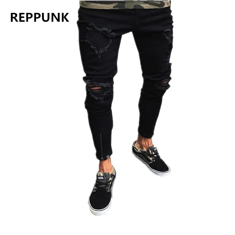 Мужские облегающие рваные джинсы REPPUNK однотонные прямые эластичные джинсовые