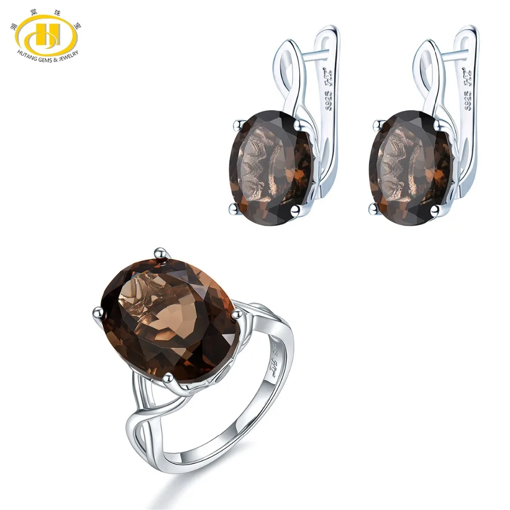 Hutang, 17.57ct, натуральный дымчатый кварц, ювелирный набор, серьги, кольцо, серебро 925 пробы, ювелирное изделие с драгоценным камнем для женщин, лучший подарок, новинка