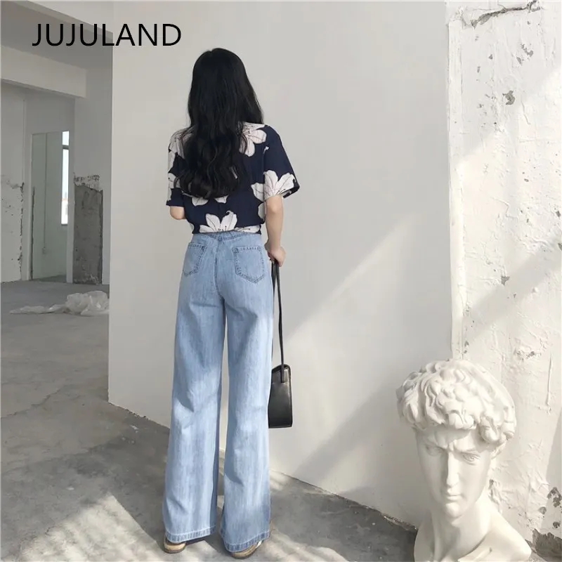 Женские джинсы с высокой талией JUJULAND голубые прямые стрейч новинка 2019|Прямые