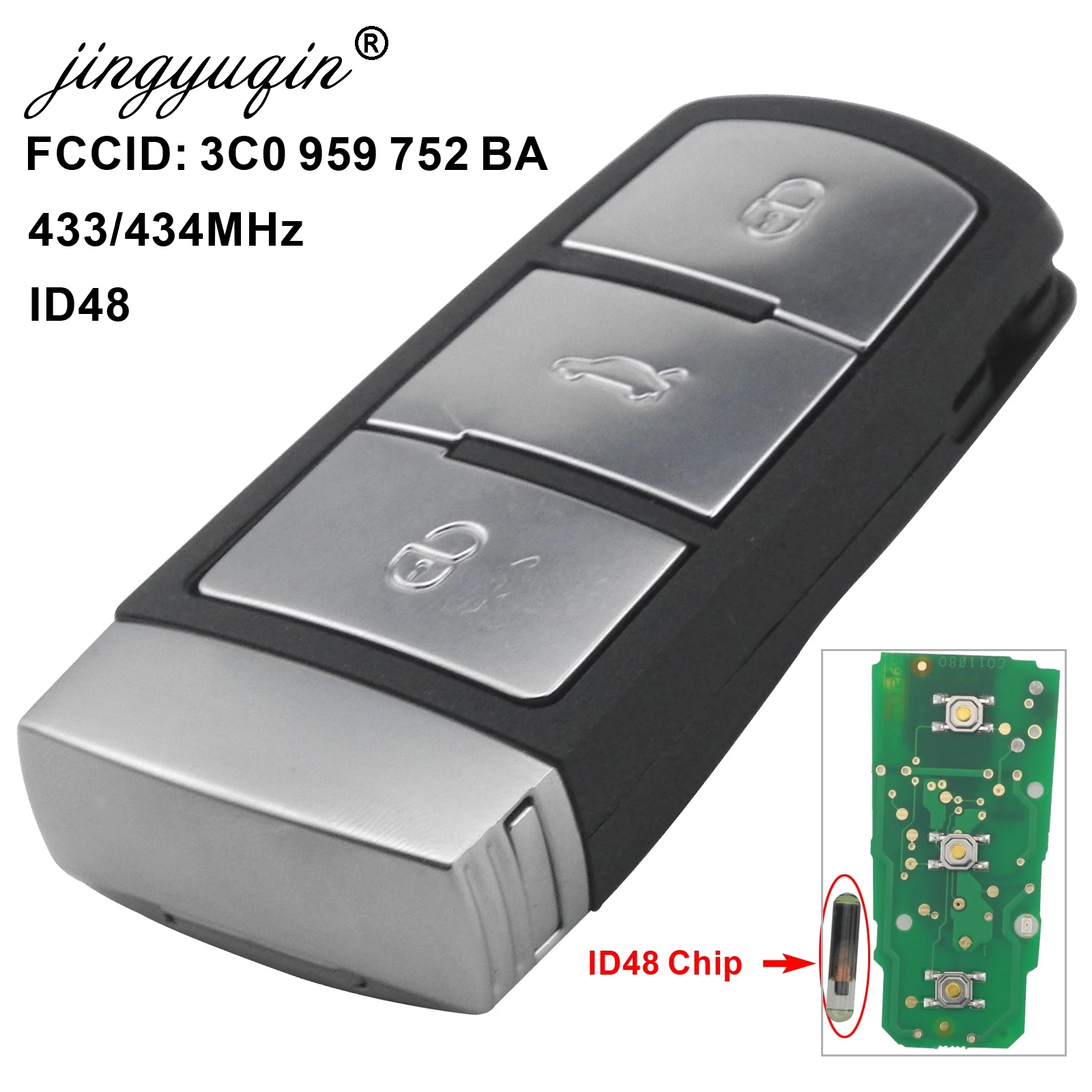 Jingyuqin 3 кнопки умный дистанционный ключ брелок от машины для Volkswagen 3C0 959 752 BA 434Mhz ID48