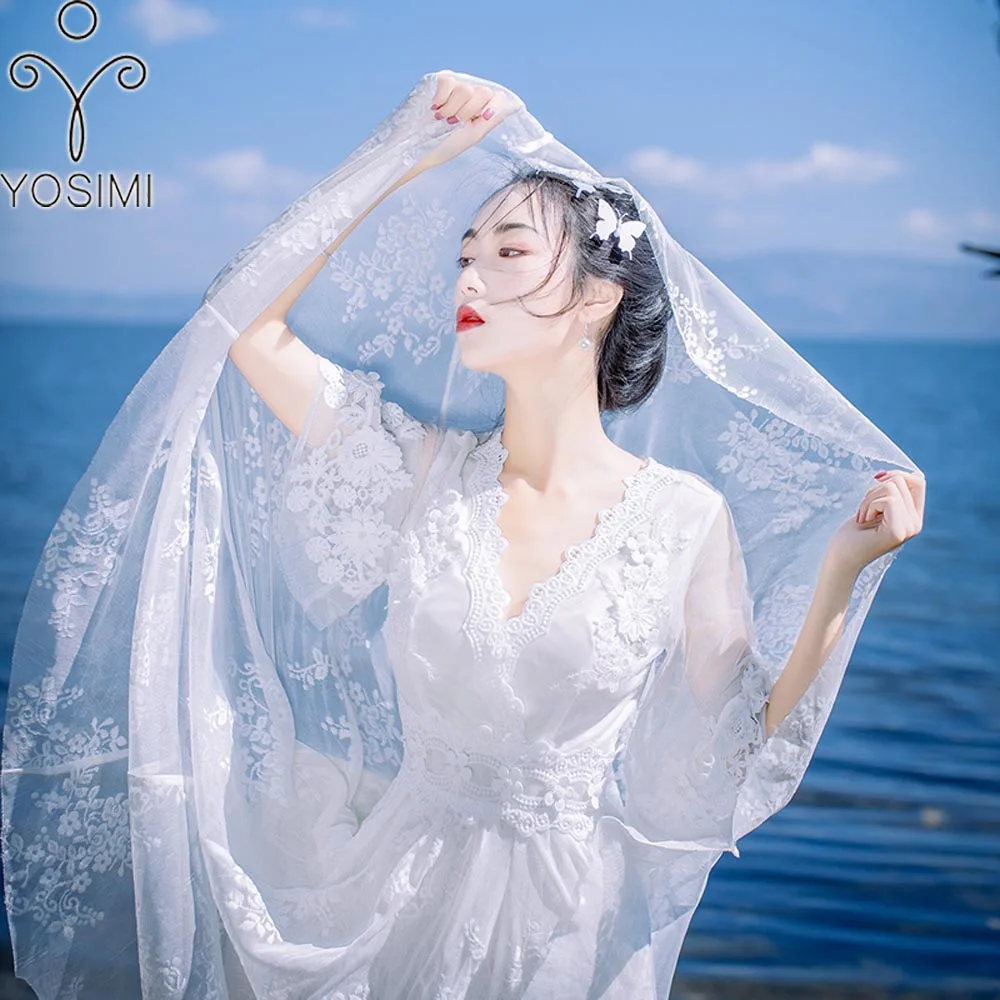 YOSIMI 2018 Летнее Длинное кружевное платье длинное женское для путешествий белый V-nek