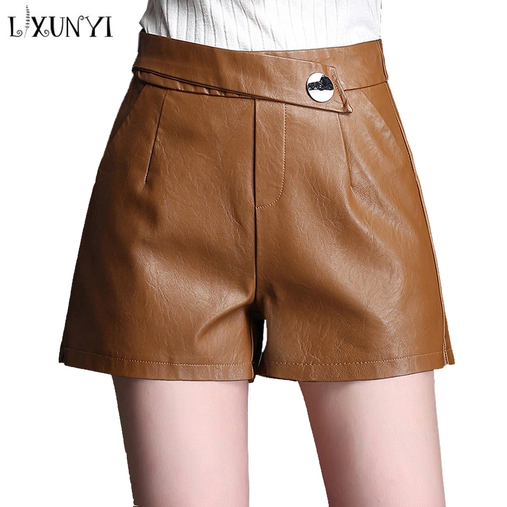 LXUNYI M-4XL женские шорты из искусственной кожи большие размеры с высокой талией на