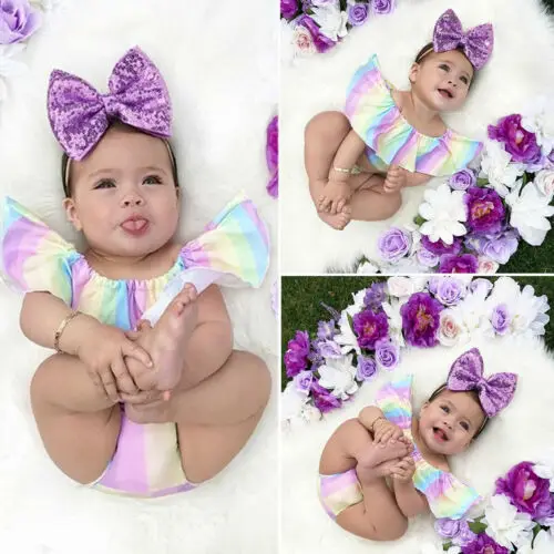 

US Toddler Infsnt Baby Girls Rainbow Top Ruffle Pants Brief Sunsuit Clothes 2PCS