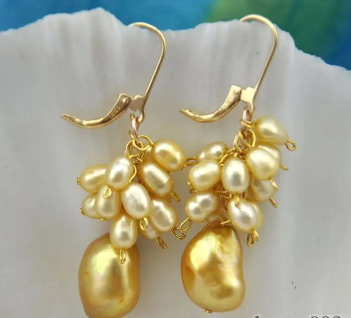 

Free shipping hot sale Women Bridal Wedding Jewelry >>>10x14mm baroque golden pearl earring