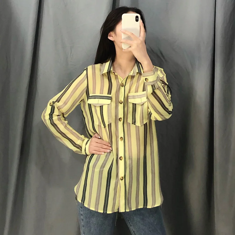 Тонкая Блуза в полоску для дам большие размеры шифоновые рубашки женщин отложной