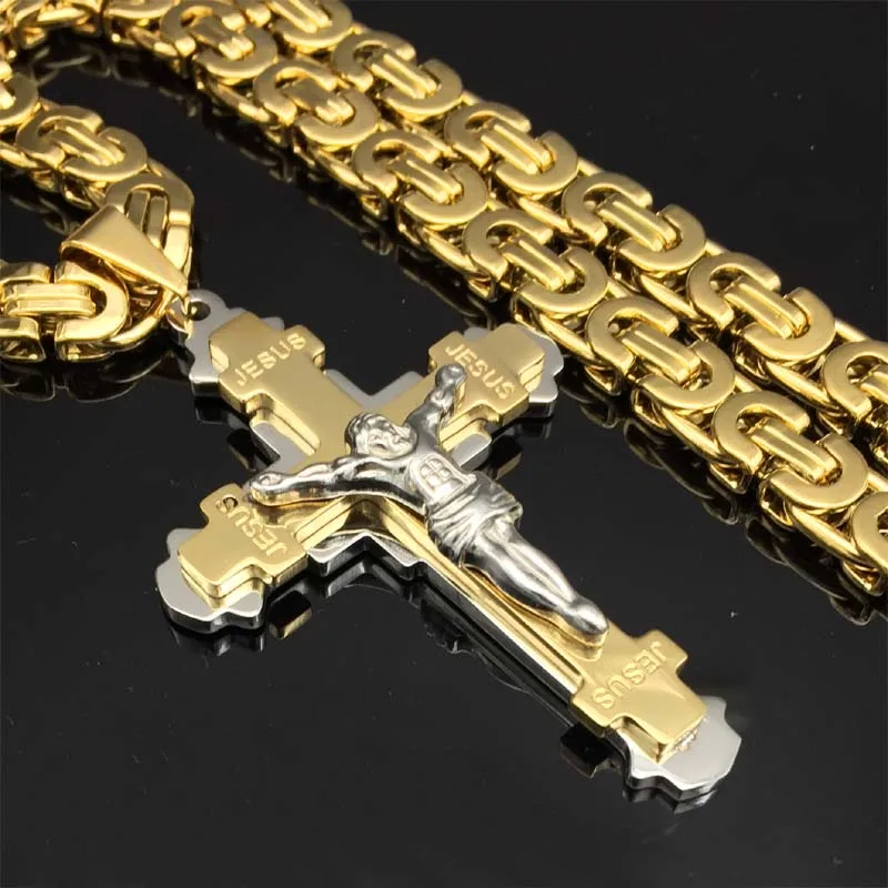 1pcs Exquisite Crucifix Jesus Cross Necklace Stainless Steel Christs Pendant Gold Byzantine Chain Men Necklaces Jewelry Gifts 24 | Украшения