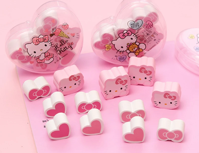 6 шт./упаковка, ластик с рисунком кота hello kitty, сердечка, бант, милый детский карандаш для коррекции письма, резиновые ластики, подарок каваи