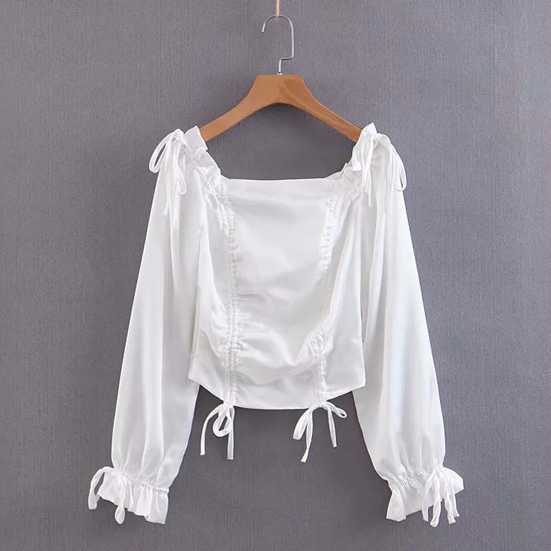 

YNZZU 2019 New arrival white off shoulder women tops Stain chic sexy drawstring blouse Ruffles casual short ladies shirts YT616
