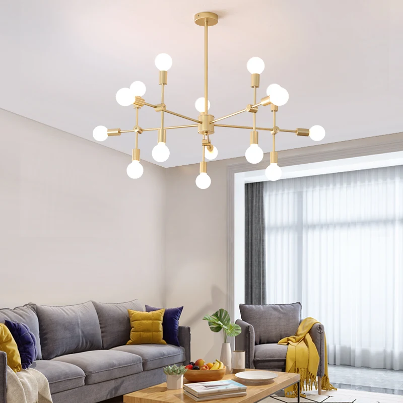 Винтажная люстра светодиодная комнатная лампа железная золотая металлическая