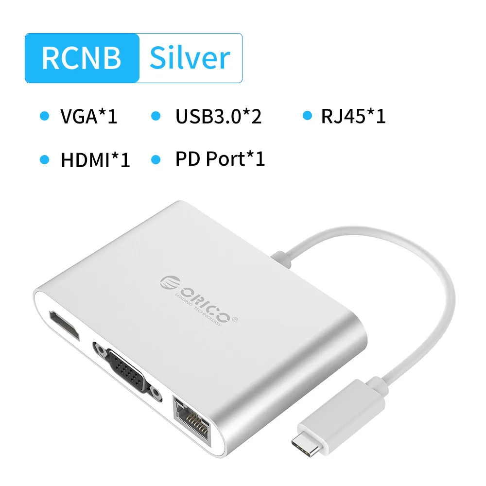 ORICO type-C концентратор USB C к мульти USB3.0 HDMI/VGA/RJ45/SD TF кардридер разветвитель PD зарядное устройство адаптер док-станция для ноутбука Macbook - Цвет: RCNB Silver