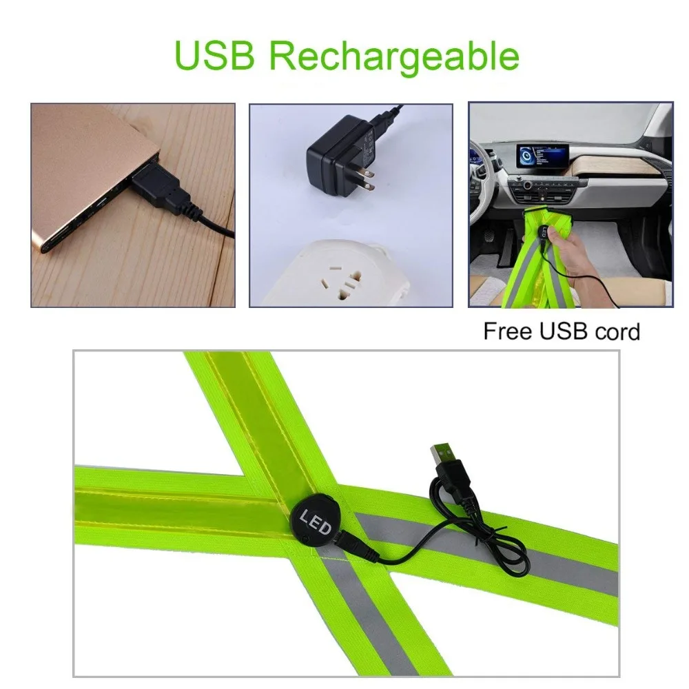 Светодиодный светоотражающий жилет для бега, зарядка через usb, высокая видимость, регулируемый размер