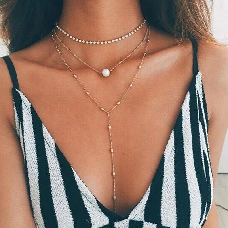 Чокер женский многослойный на цепочке с искусственным жемчугом|choker fashion necklaces|choker