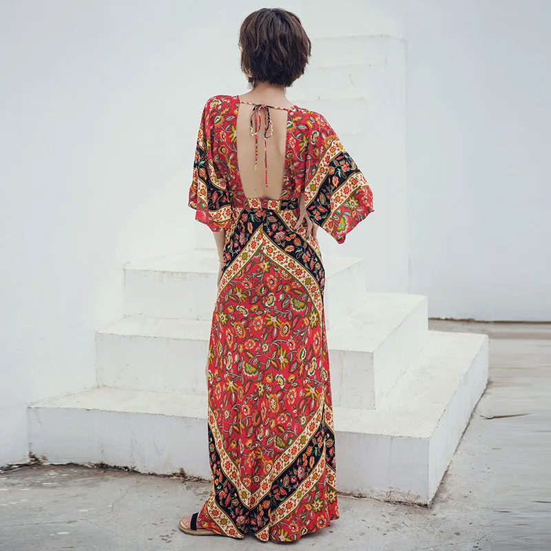 Bohemian Beach Woman Dress 2019 Spring Summer Long Printing Boho Maxi Dresses Middle Sleeve V NeckV Neck Vestido|Женские платья| |