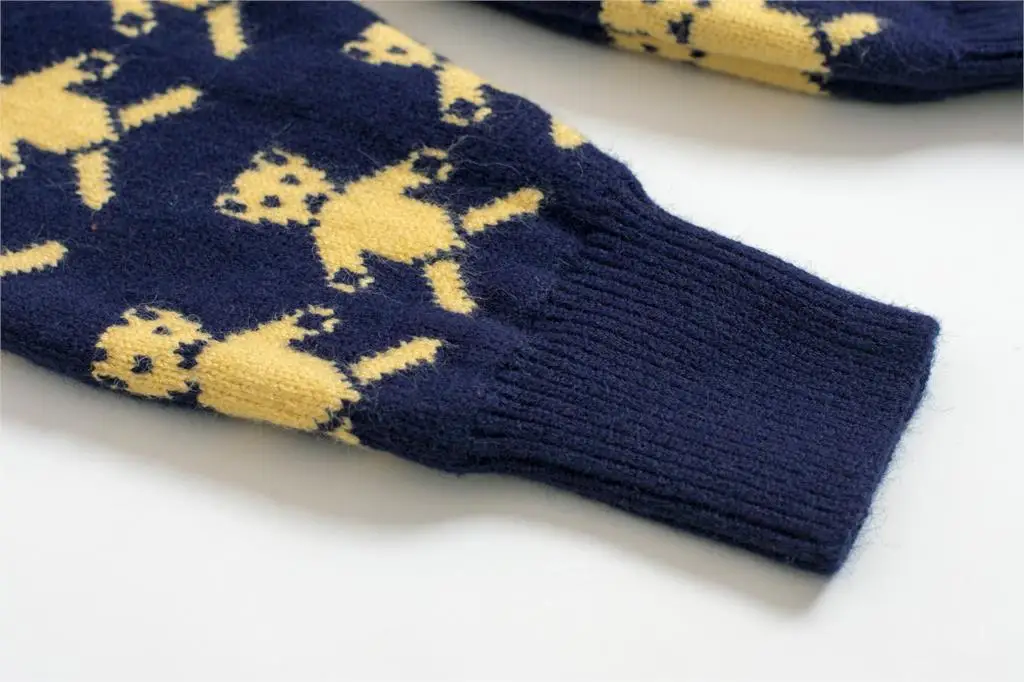 Spring New Funny Vintage Ladies Pullover Sweater Autumn Bear Jacquard Dark Blue Preppy Style Women Knitwear Ptetty Jumper Top | Женская