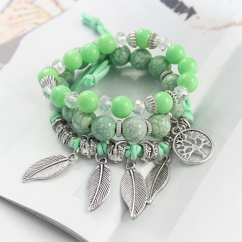 Natural Pattern bead Bracelet Multiple circles DIY Colorful Stone pattern crystal Bead Silver leaf Owl 3D carve Jewelry gifts | Украшения и