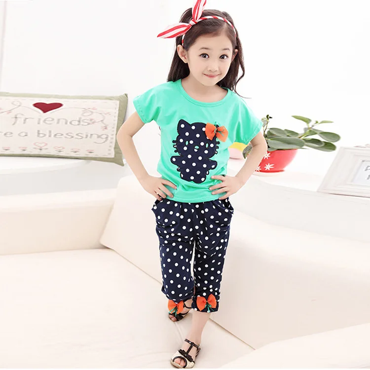 

2020 summer kids clothes sets girls Short sleeve+Haren pants Suit Elastic force polka Dot Cropped Trousers baby tees tops cats