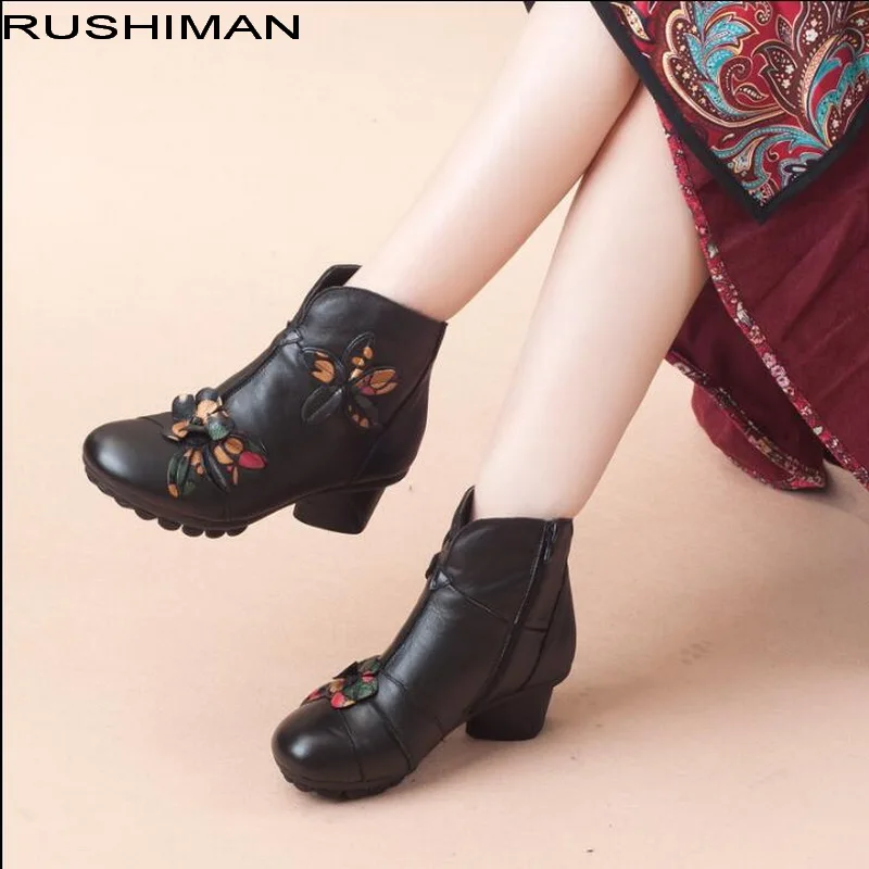 

RUSHIMAN Women's Boots Genuine Leather Shoes 2018 Fashion Autumn Winter Shoes Non-Slip Bottom Women Real Cowhide Ankle Boots