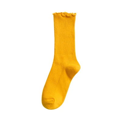 yellow UNIKIWI. Женские милые хлопковые носки ярких цветов с оборками. Повседневные Женские однотонные короткие носки в Стиле Лолита. 9 цветов - Цвет: yellow