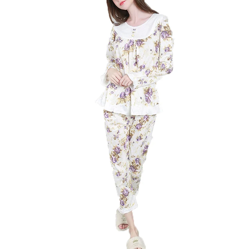 Пижама женская с длинным рукавом и цветочным принтом|Спортивные костюмы| |