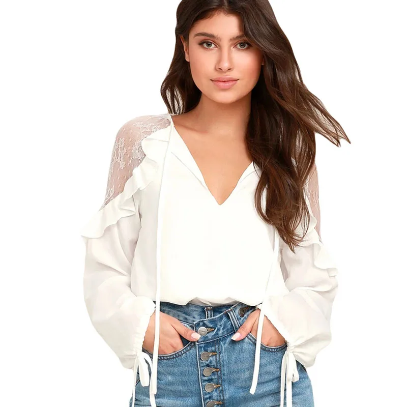 White Blouses SEBOWEL/женские кружевные топы с длинным рукавом, v-образным вырезом и рюшами, белые/черные, прозрачные, Завязывающиеся манжеты, большой размер, женские блузки, рубашки, размер S-XXL - Цвет: White Blouses