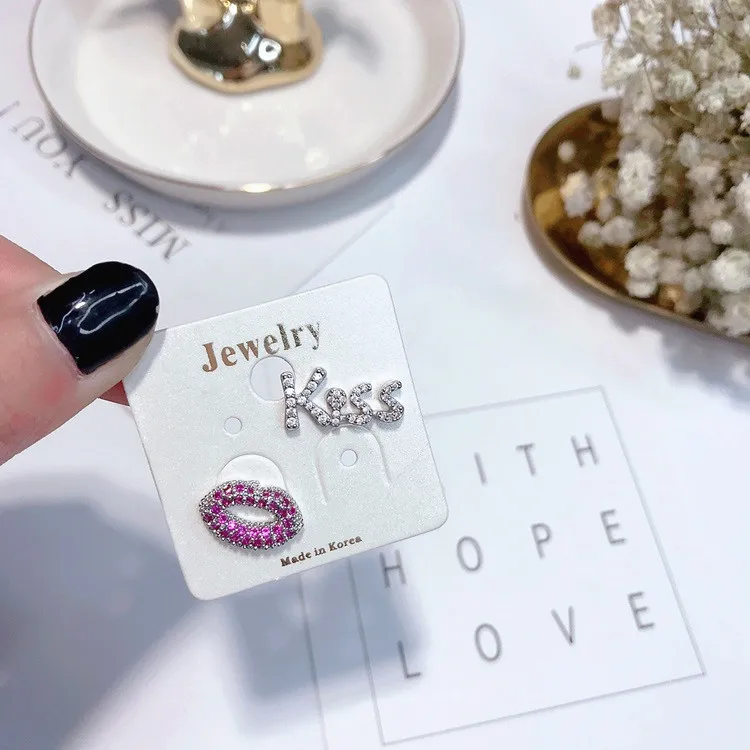 letter Kiss sexy lip asymmetric CZ earring 925 silver pin Hypoallergenic fadeless fashion jewelry stud earrings for women gift | Украшения