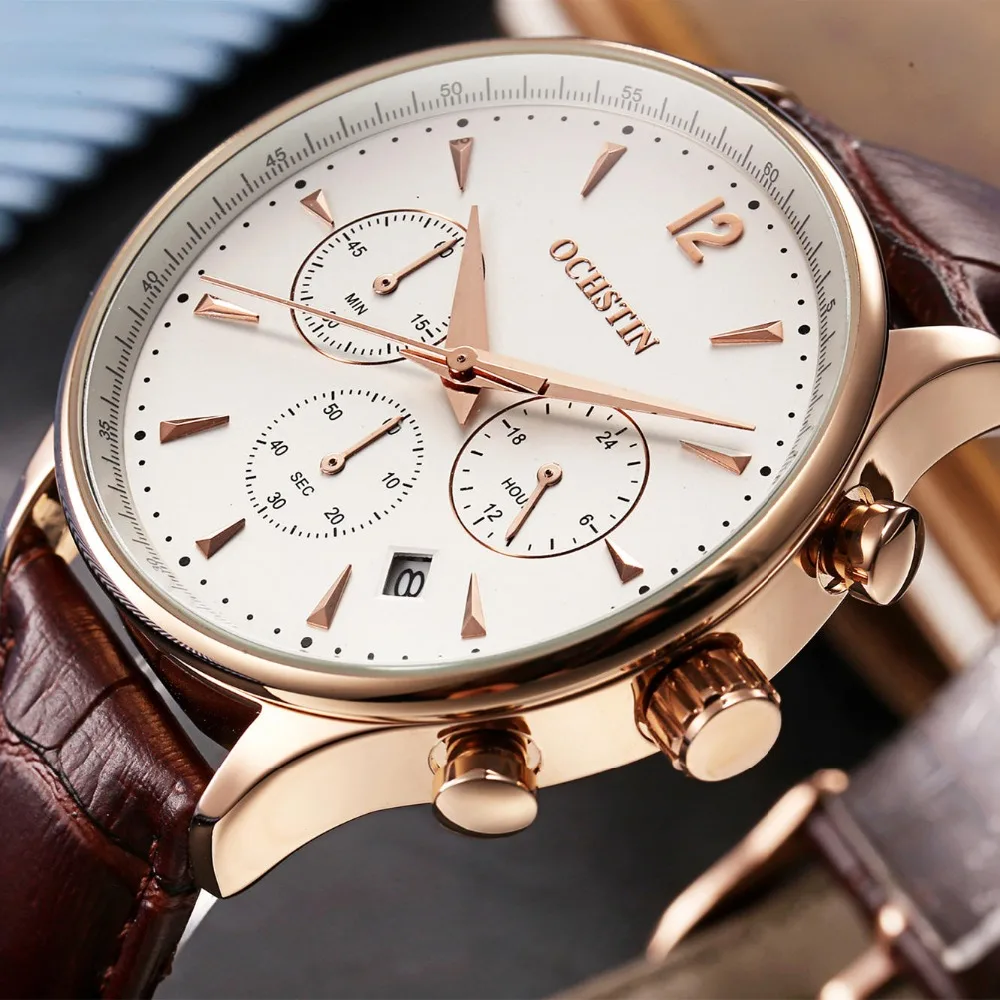 OCHSTIN мужские часы Модного Бизнеса Кварцевые Большой циферблат кожаный ремешок