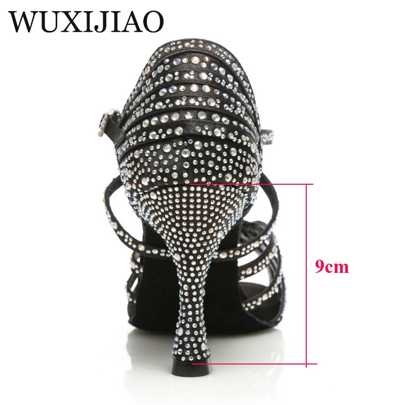 WUXIJIAO Latin Dance Shoes Women New laser Rhinestone Satin Salsa Party Ballroom Dancing Shoes Skin bronze Cuba high heel 9cm