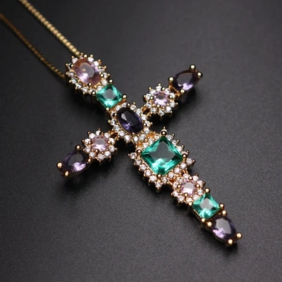 gold plated Многоцветный Крест Подвески ожерелье кубический цирконий камень для женщин модный прозрачный кристалл стекло вечерние ожерелье Модные украшения Новинка - Окраска металла: gold plated