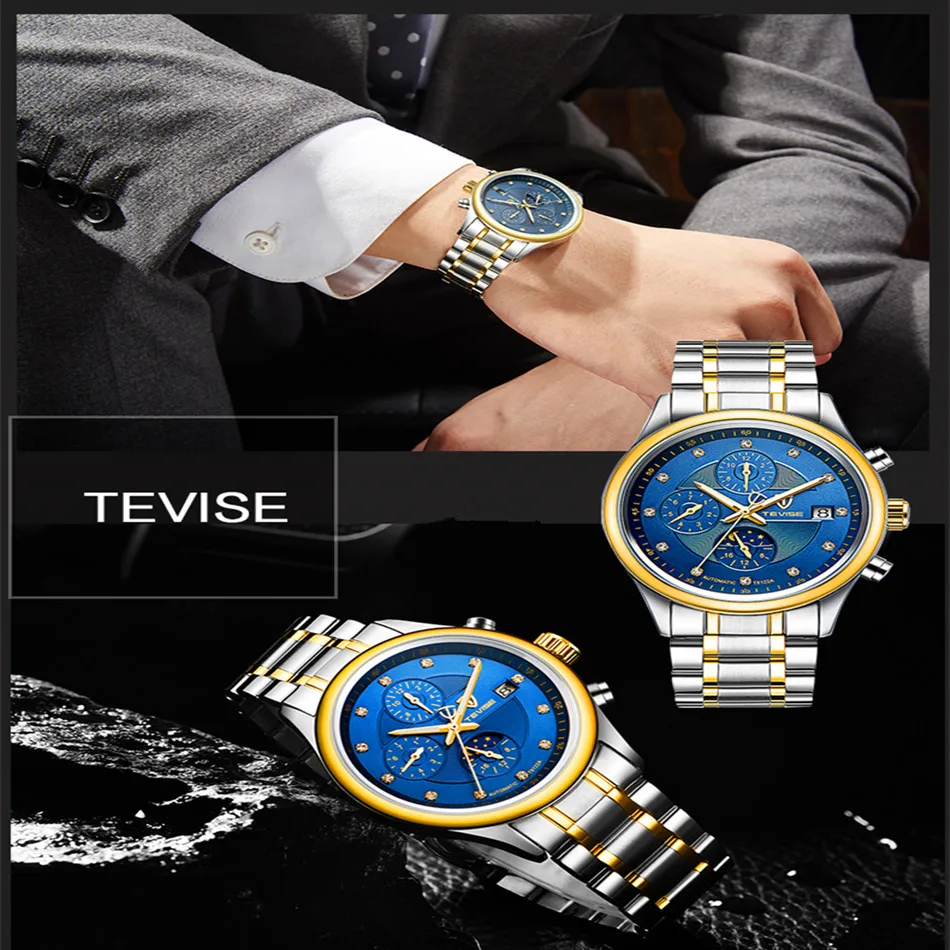 Марка TEVISE Для мужчин часы Moon Phase автоматические часы механические часы Для мужчин модные Повседневное Нержавеющая сталь наручные часы relogio