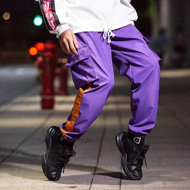 Men Letter printed Multi-pocket Casual Cargo Pants Windbreaker fabric Elastic Waist Streetwear Ankle-length Joggers Sweatpants |