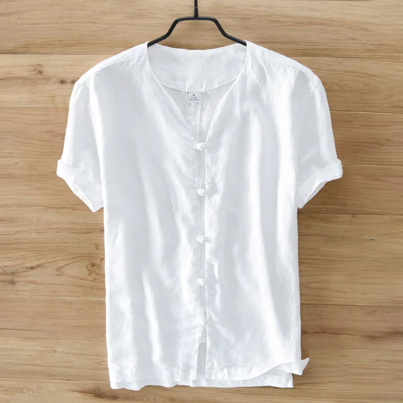 2017 Летняя мужская 100% льняная рубашка с коротким рукавом Повседневная однотонная