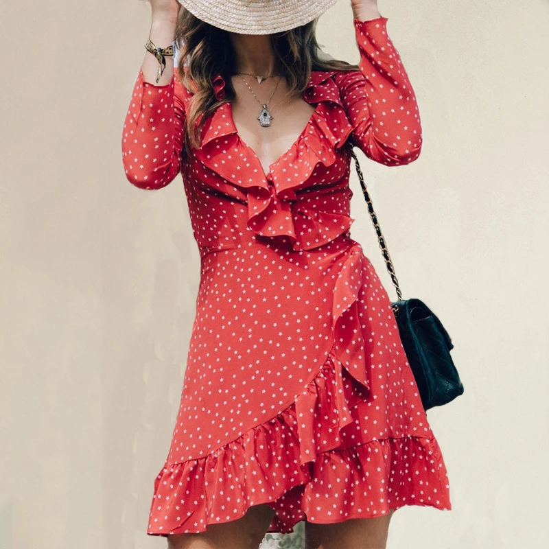 2018 летнее женское платье с глубоким v образным вырезом оборками элегантный