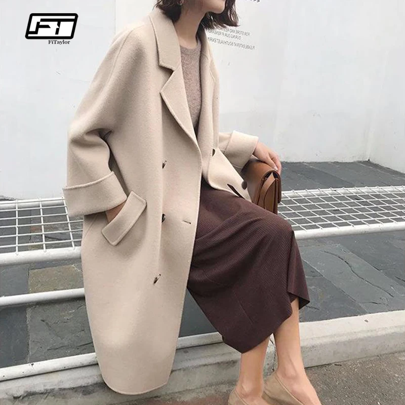 Fitaylor шерстяные тренчи для женщин осень зима толстые свободные двубортный