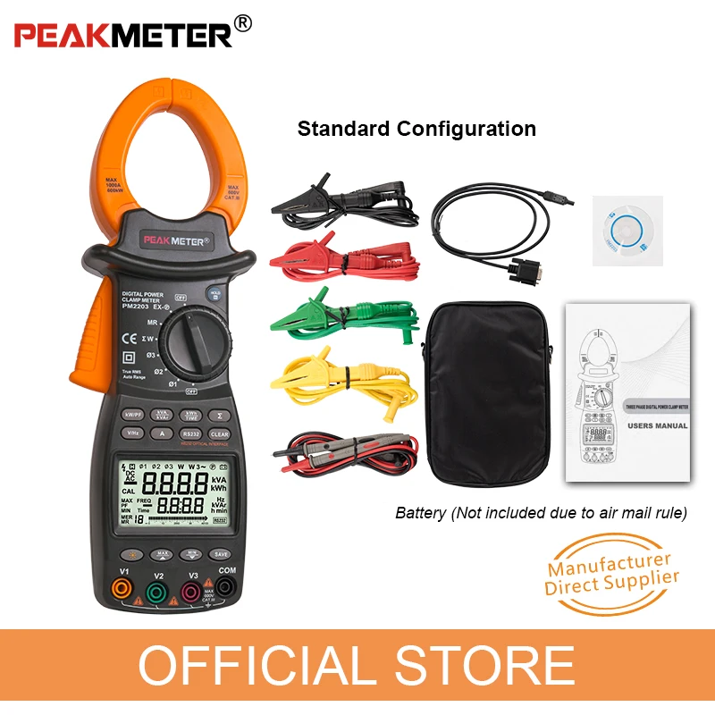 PEAKMETER PM2203 3-фазный ЖК-дисплей цифровой Профессиональный Высокая чувствительность зажим Мощность измеритель коэффициента передачи данных журнала Rs232 истинного среднеквадратичного значения