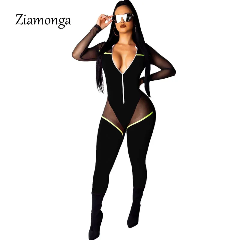 Ziamonga Европейская мода осень сетки Сексуальная Bodycon комбинезон Черный боди с