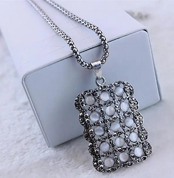 Opal Crystal Square Pendant Long Popcorn Chain Necklaces for Women Fashion Sweater Jewelry Free Shipping | Украшения и аксессуары