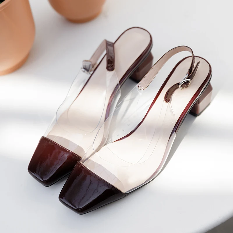 ISNOM/женские сандалии из лаковой кожи с квадратным носком на необычном каблуке
